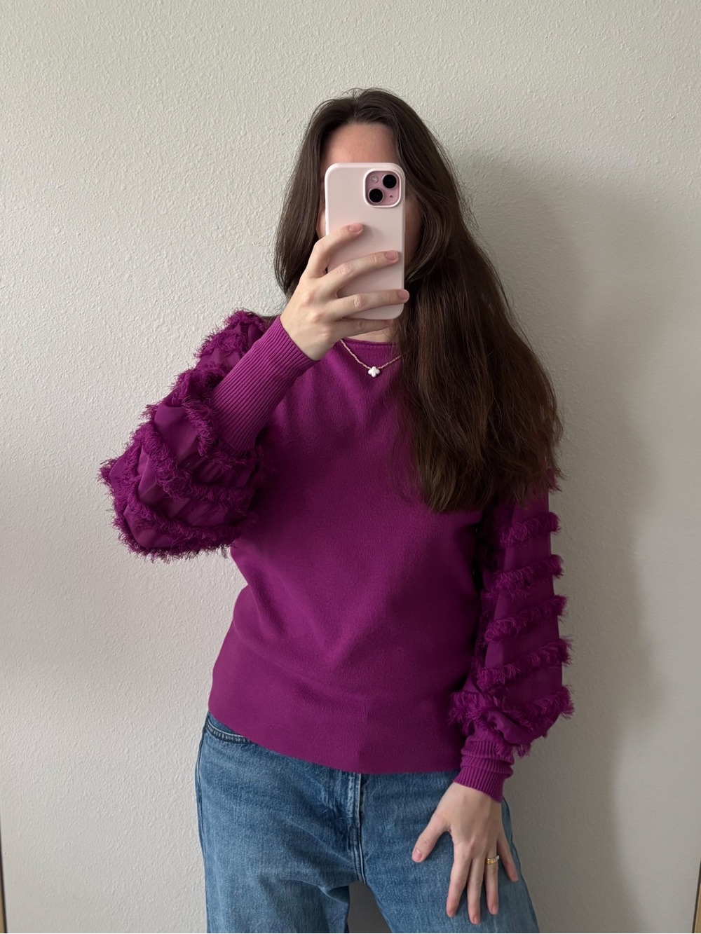 Sioni Milano Fuchsia/Magenta Knit Sweater Fringe Chiffon Balloon Sleeve Top Sz M